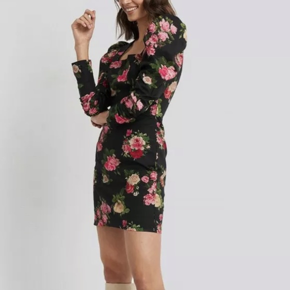 NAKD Dress Womens Medium Puff Voluminous Shoulder Square Neck Flower Print - Picture 5 of 8